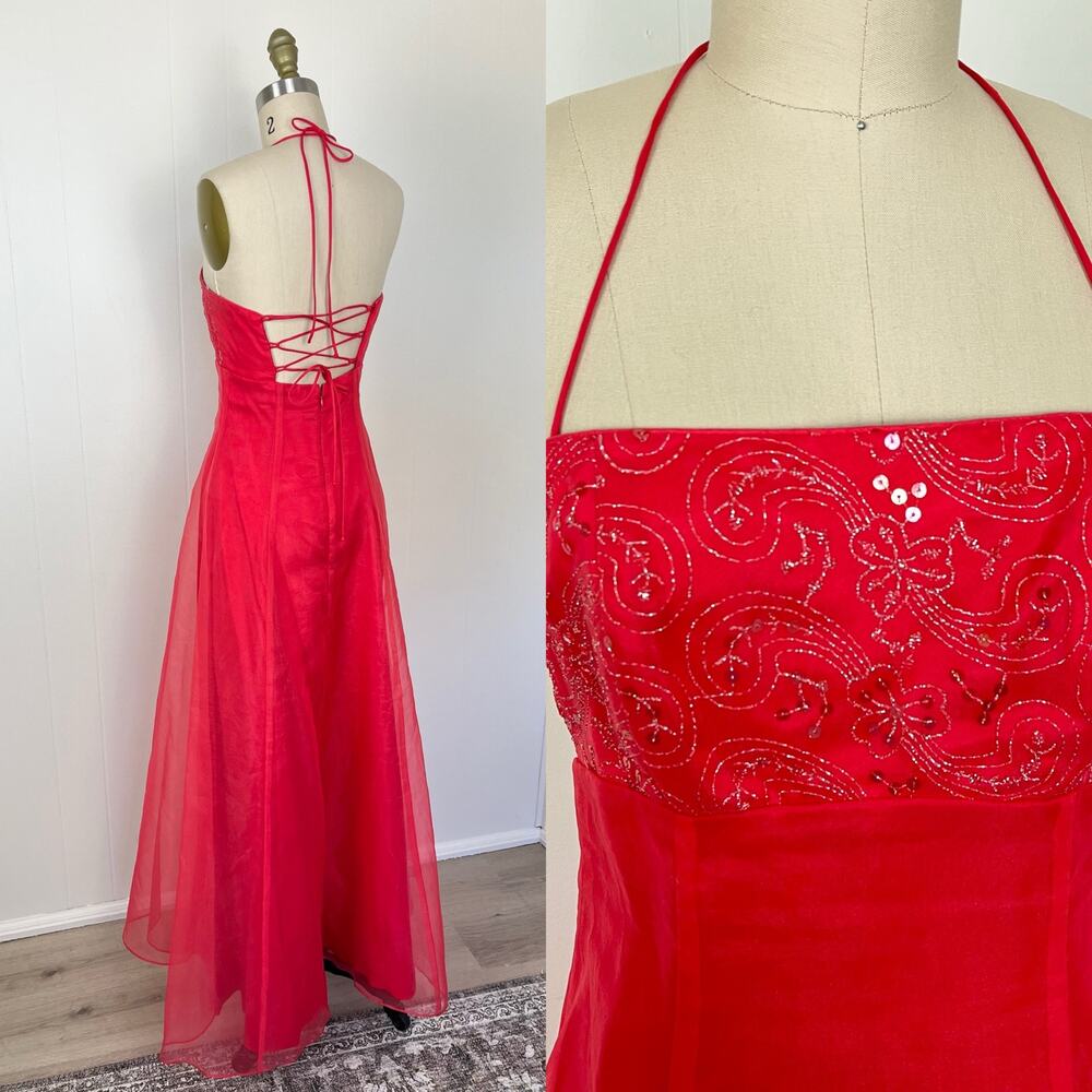 Vintage 90s Y2K Floral Beaded Embroidered‎ A Line Gown Dress 3 4 Fairy 2000s - Picture 2 of 16